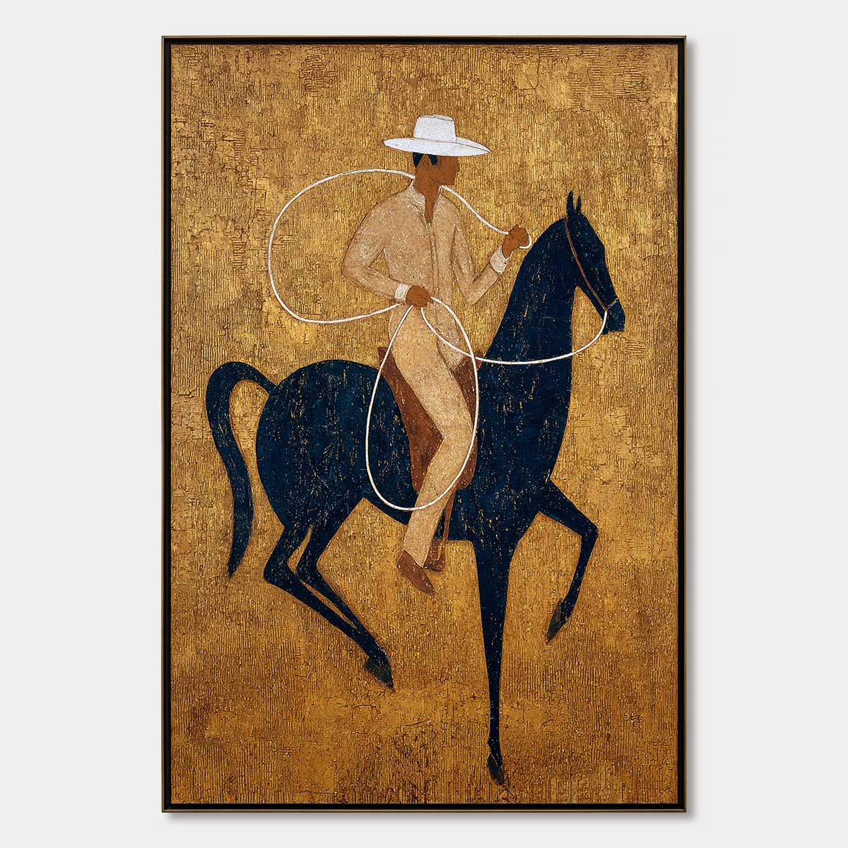 GOLDEN LASSO: Textured Wabi Sabi Painting of a Horseman
