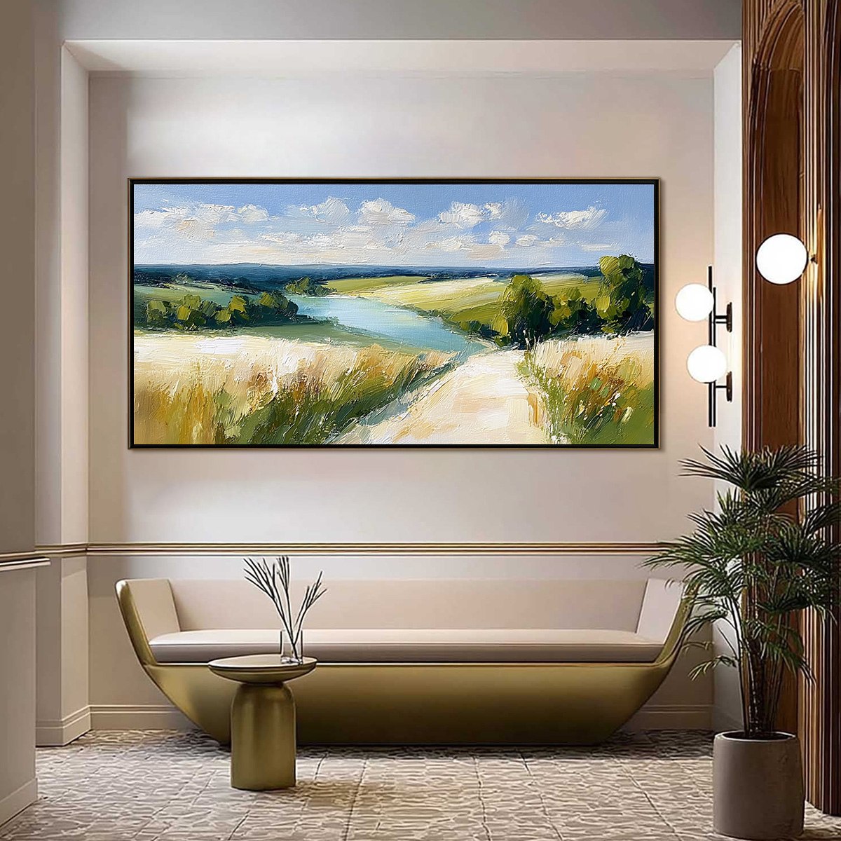 GOLDEN MEADOW PATH: Textured Impasto Landscape Painting of a Countryside River