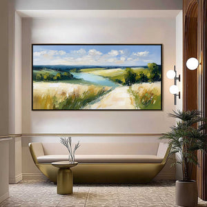 GOLDEN MEADOW PATH: Textured Impasto Landscape Painting of a Countryside River