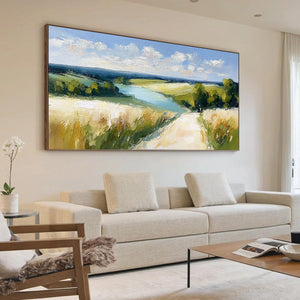 GOLDEN MEADOW PATH: Textured Impasto Landscape Painting of a Countryside River