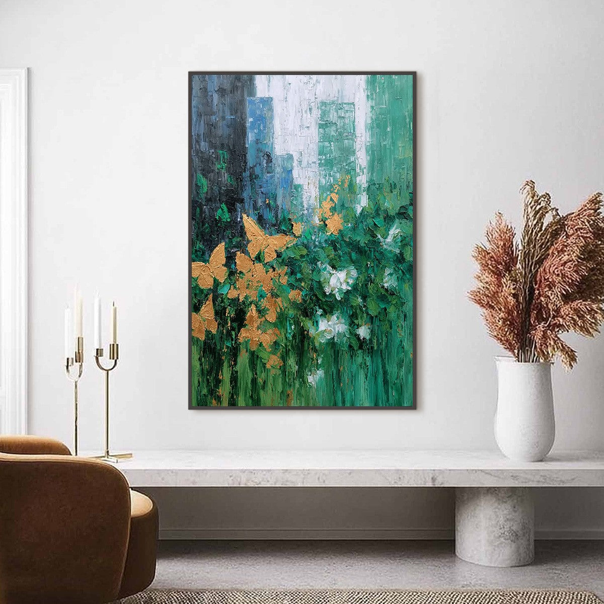 GOLDEN METAMORPHOSIS: Textured Abstract Cityscape Painting with Golden Butterflies