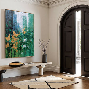 GOLDEN METAMORPHOSIS: Textured Abstract Cityscape Painting with Golden Butterflies