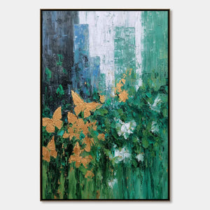 GOLDEN METAMORPHOSIS: Textured Abstract Cityscape Painting with Golden Butterflies