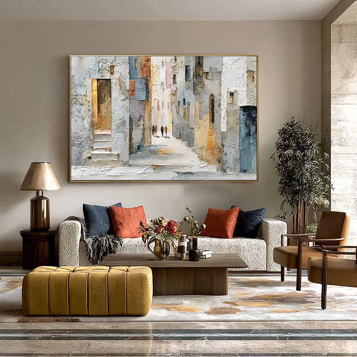 GOLDEN PASSAGE: Textured Impasto Painting of a Sunlit European Alleyway