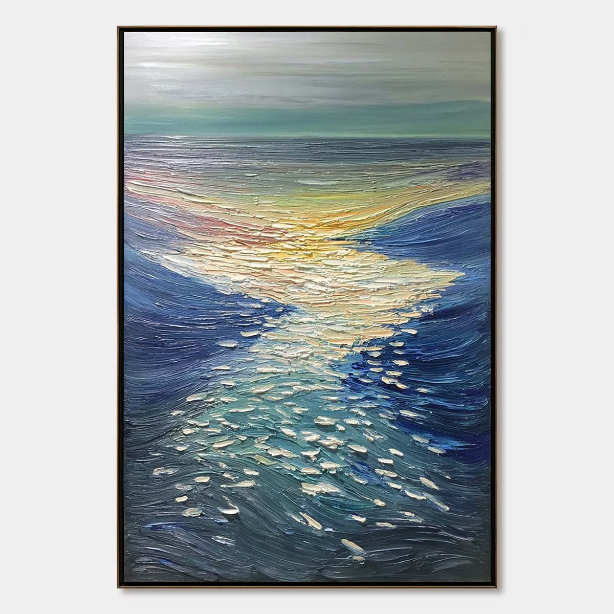**GOLDEN REFLECTION:** Textured Impasto Seascape Oil Painting of Ocean Sunset