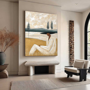 GOLDEN REPOSE: Textured Figurative Painting of a Woman in a Landscape