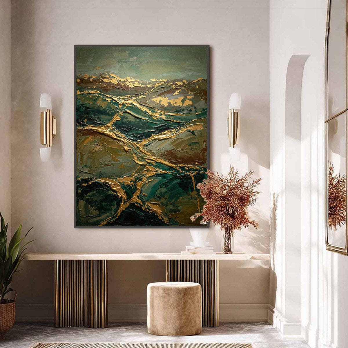 GOLDEN STRATA: Textured Abstract Green and Gold Mountain Impasto Painting