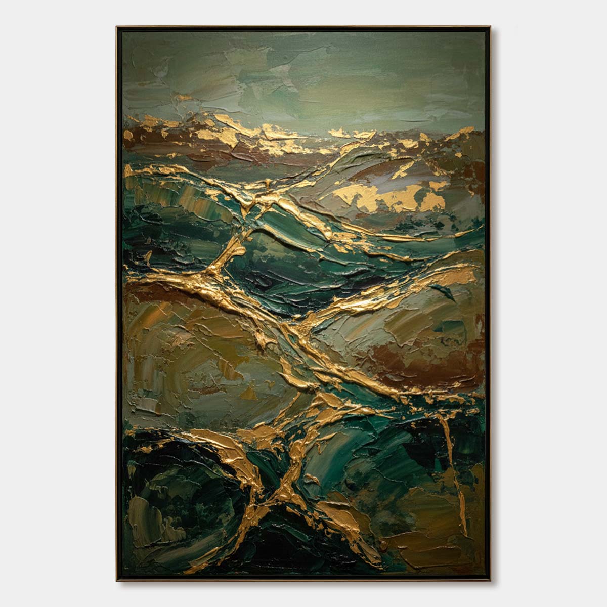 GOLDEN STRATA: Textured Abstract Green and Gold Mountain Impasto Painting