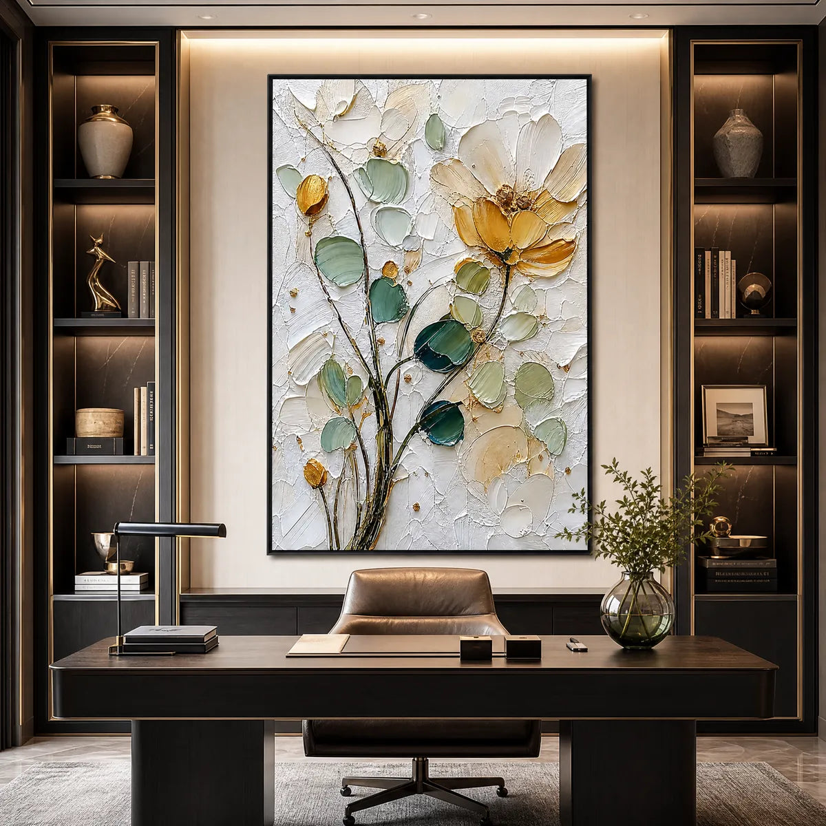 GOLDEN WHISPER: Textured Floral Impasto Painting with Gold Leaf