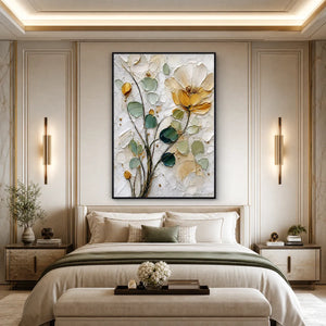 Textured floral impasto wall art with gold leaf above a modern bed