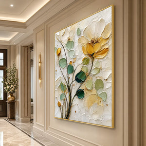 Textured floral impasto painting with white, green and gold leaves in a gold frame