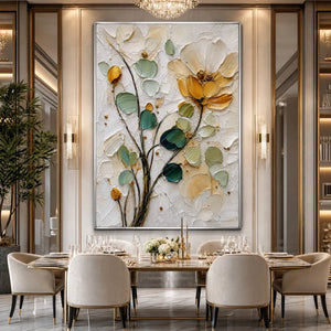 Textured floral impasto wall art with gold accents in a luxury dining room