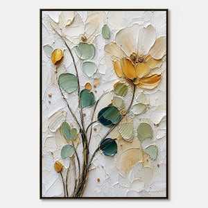 Textured floral impasto painting with white, green and gold leaves