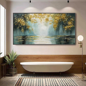 Ready to Ship |Golden Whispers: Textured Gold-Accented Forest Oil Painting