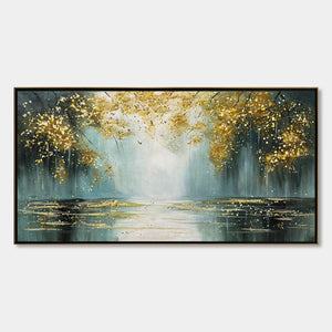 Ready to Ship |Golden Whispers: Textured Gold-Accented Forest Oil Painting