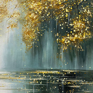 Ready to Ship |Golden Whispers: Textured Gold-Accented Forest Oil Painting