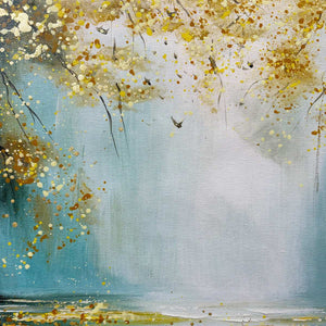 Ready to Ship |Golden Whispers: Textured Gold-Accented Forest Oil Painting