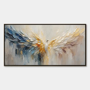 Abstract golden angel wings wall art with blue, white and gold textured palette knife painting