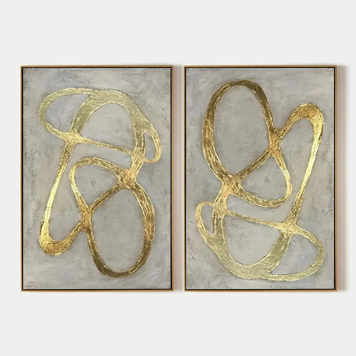 Golden Abstract Diptych: Set of 2 vertical paintings with textured gold lines on gray background, gold frames.