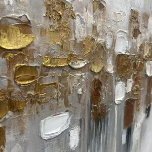 Golden Abstract painting detail: rich textured gold and white impasto strokes, showcasing luxurious material depth.