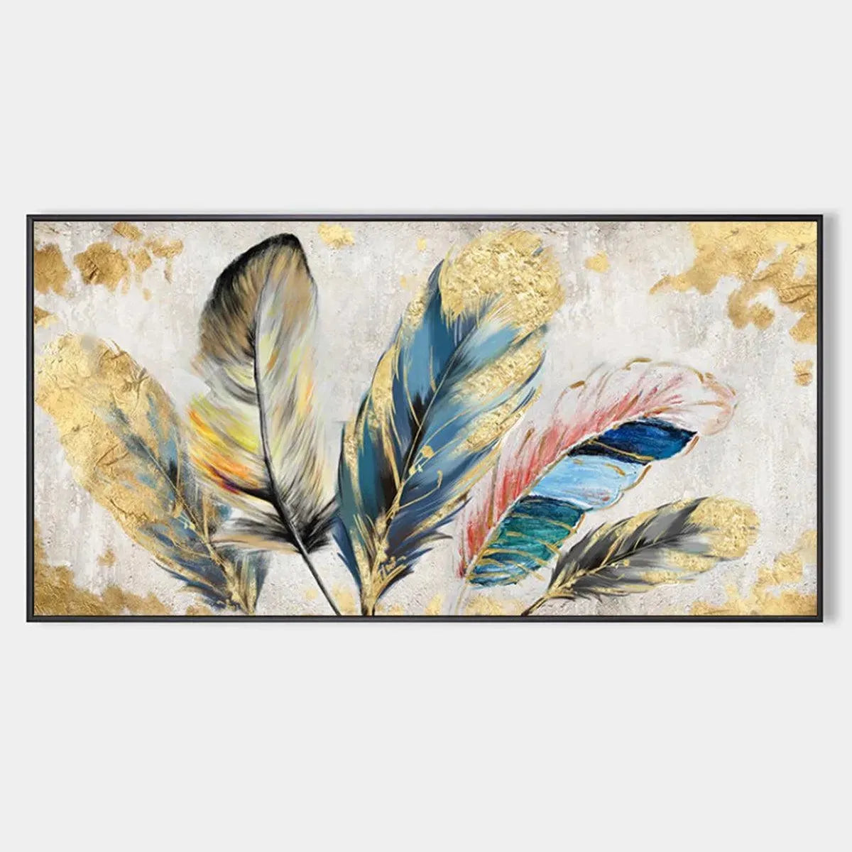 Panoramic painting of five detailed feathers with gold leaf accents in blue, teal, pink, gray, and yellow.
