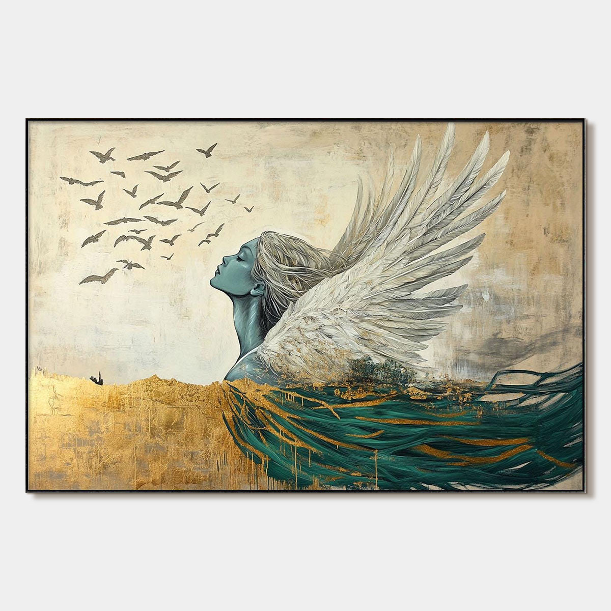 Golden Ascension: Original Ethereal Angel Oil Painting - Spiritual Wall Art Decor