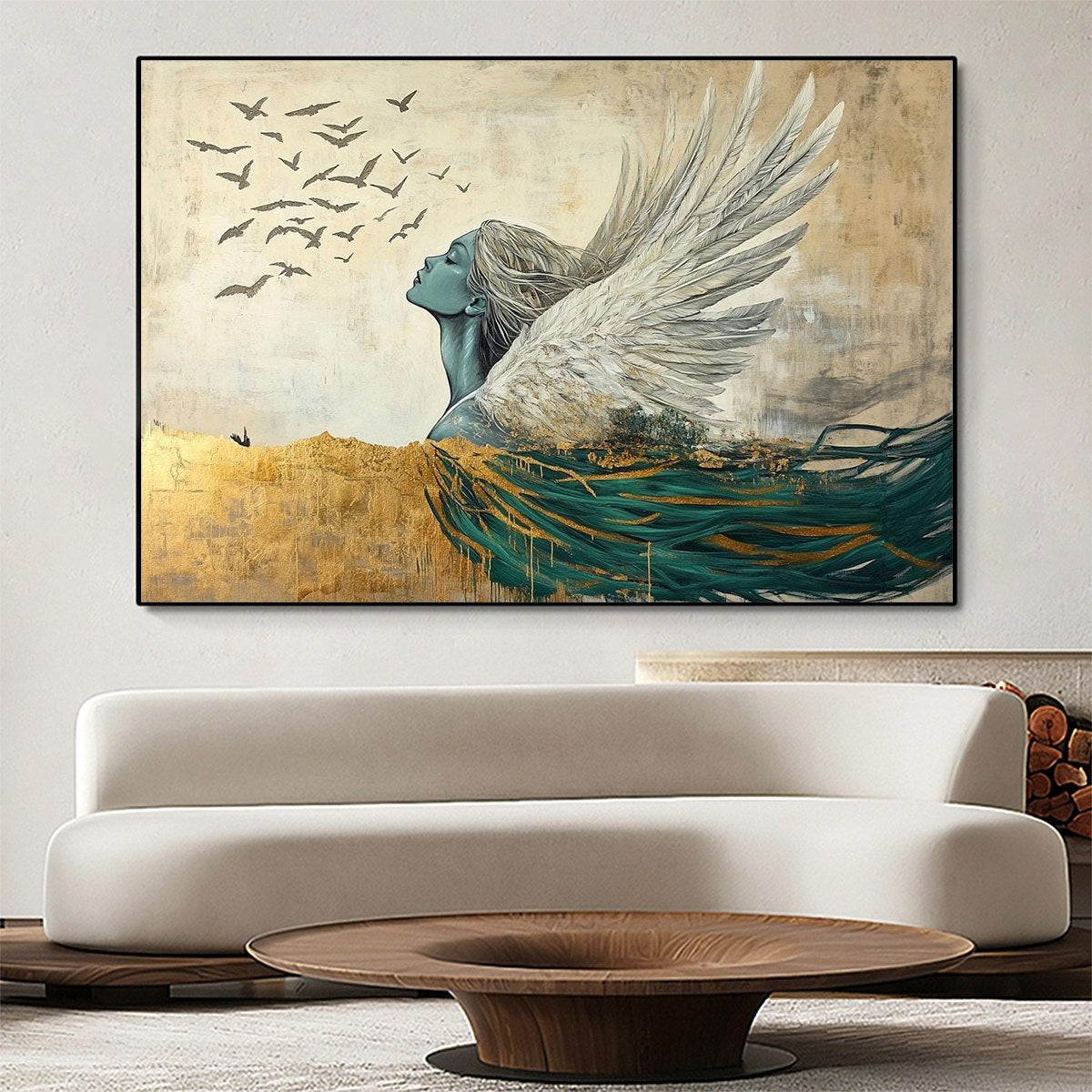 Golden Ascension: Original Ethereal Angel Oil Painting - Spiritual Wall Art Decor