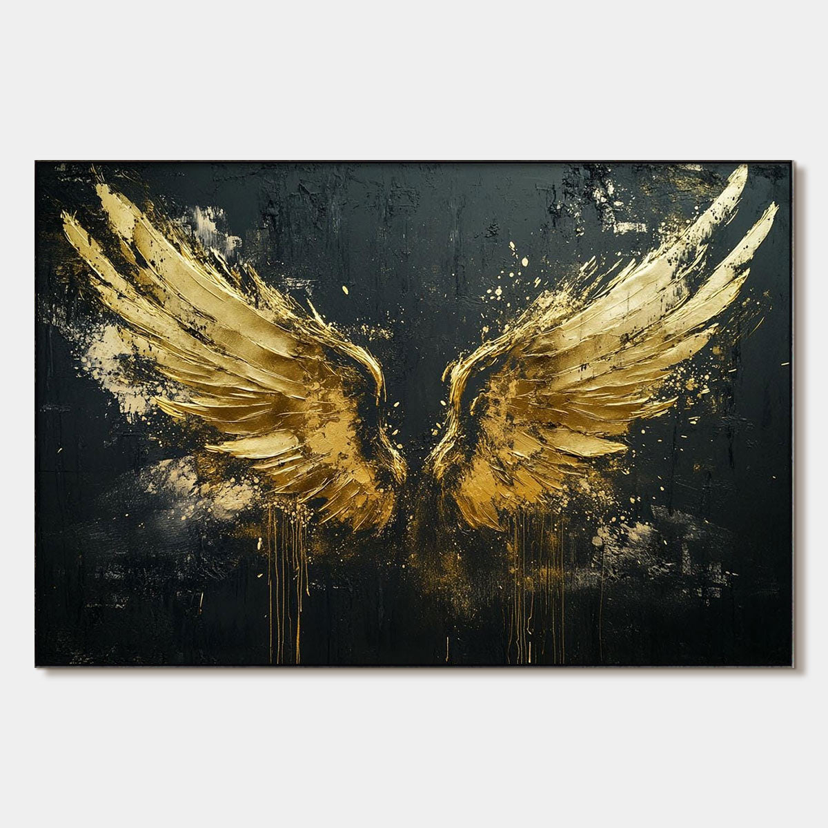 Golden Ascension: Original Gold Wings Oil Painting - Textured Black Canvas Wall Art Decor
