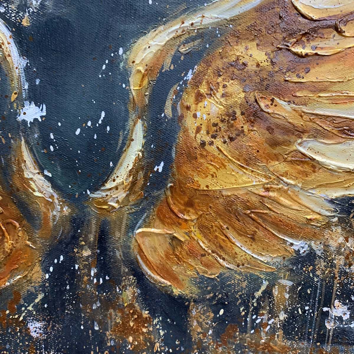 GOLDEN ASCENSION: Textured Gold Wings Oil Painting on Black Canvas