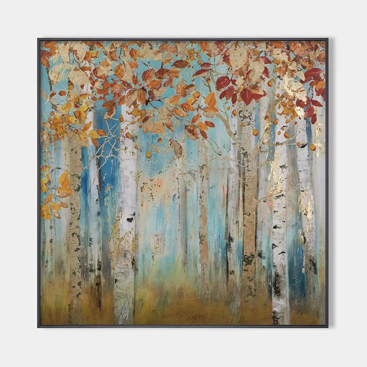 Golden Autumn Forest painting: Square art with gold leaf. Autumn forest scene in gold, orange, and teal.