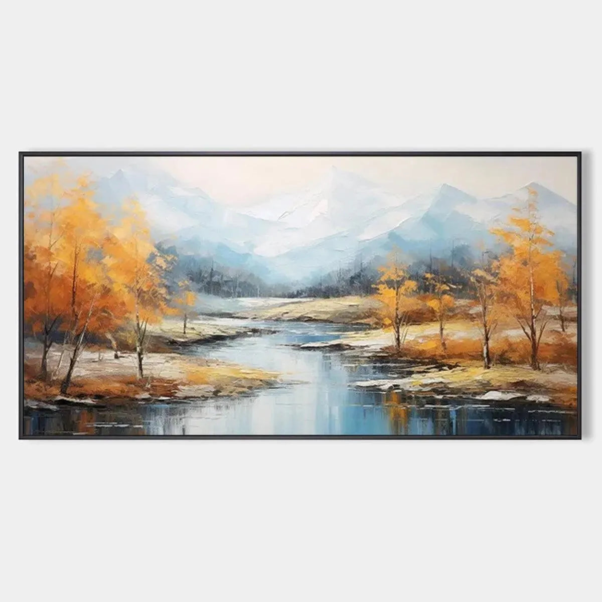 Golden Autumn Valley original landscape painting - framed wall art with golden trees and blue river.