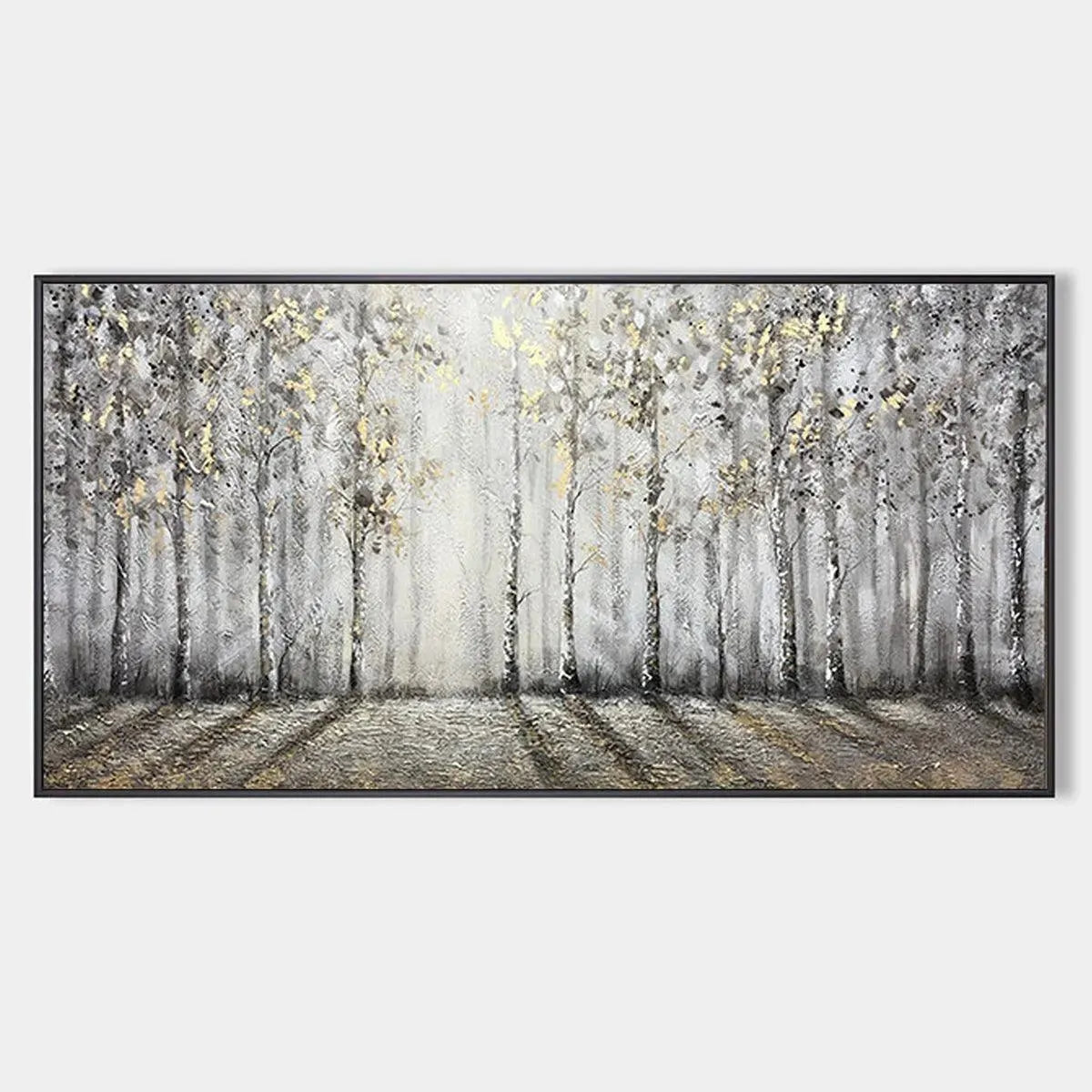 Panoramic Birch Forest Landscape Oil Painting with Gold Accents