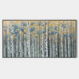 Textured Birch Tree Painting, Gold and Green Wall Art, Horizontal Canvas, Forest Decor
