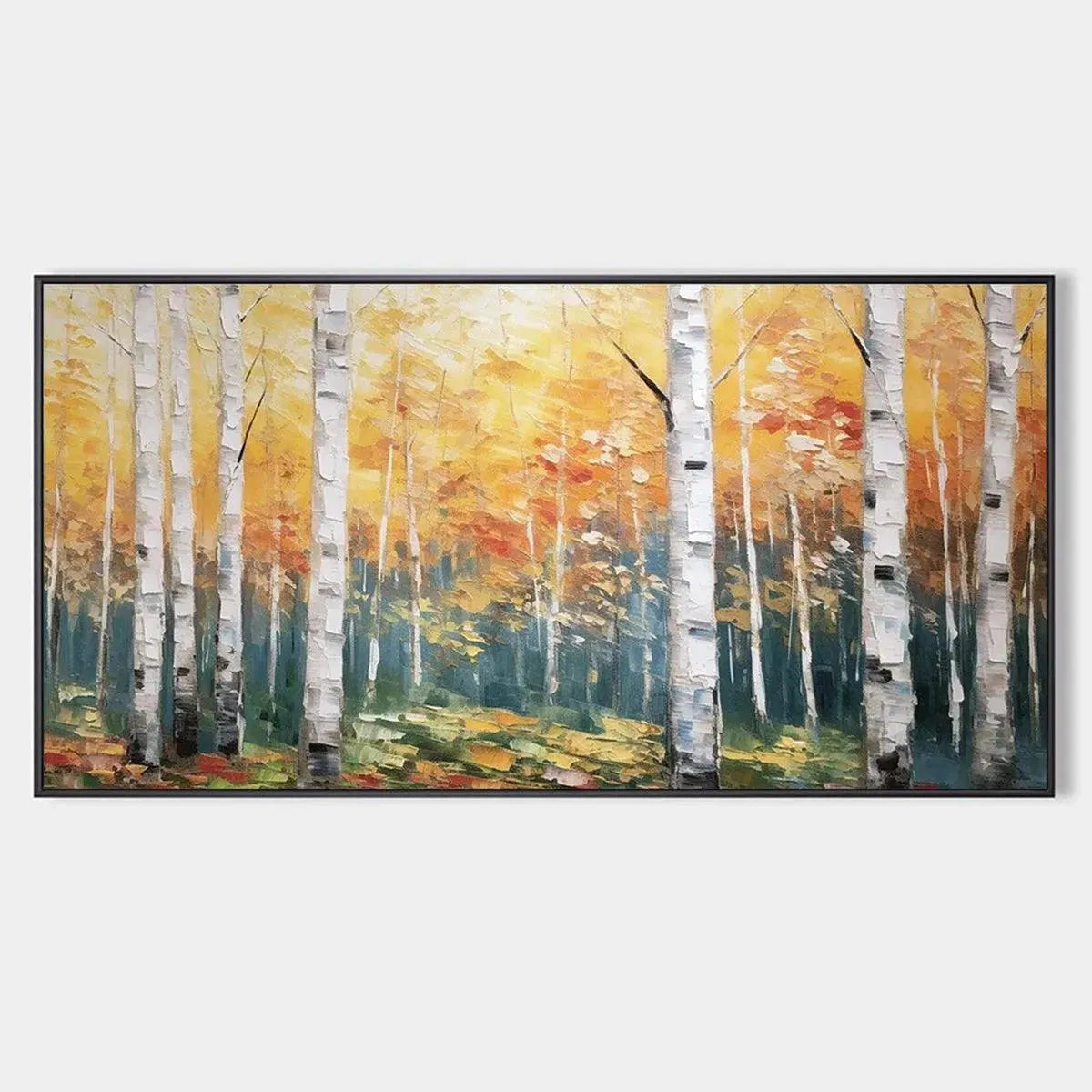 Golden birch forest painting: white trunks, yellow autumn foliage, impasto texture, framed in black.