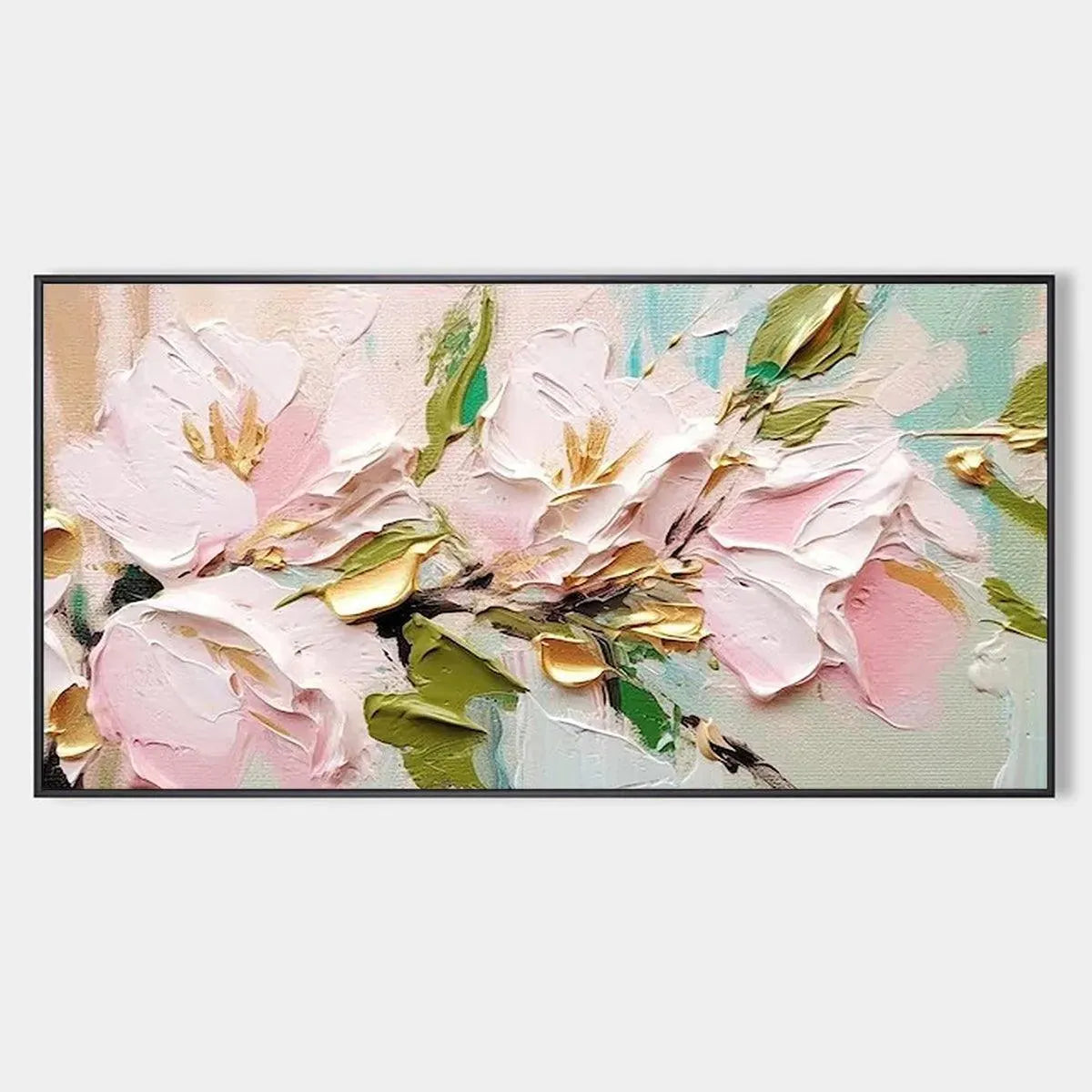 Textured pink and gold floral impasto painting by Elodie Dubois. Thick brushstrokes of blossoms and leaves.