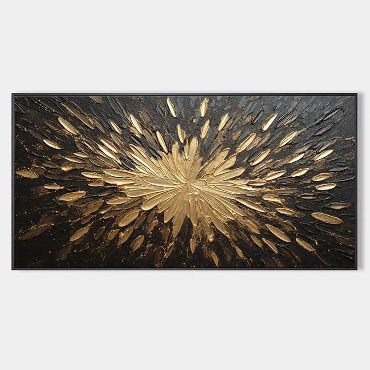Textured abstract painting with gold burst on black background. Impasto technique.