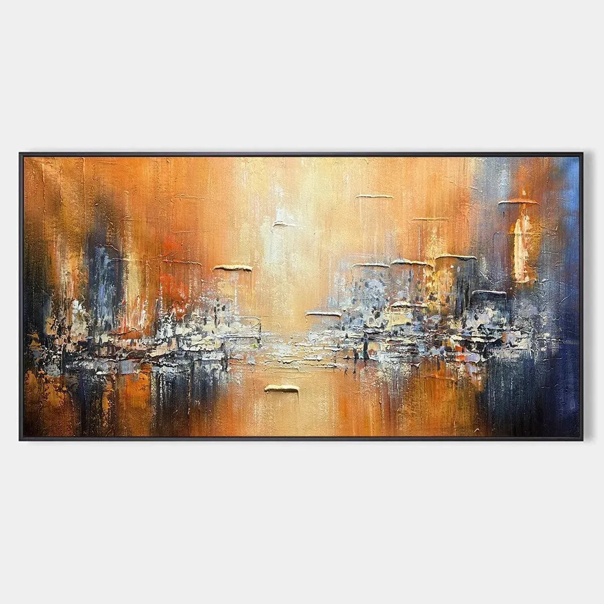 Textured abstract cityscape painting, orange, blue, gold impasto art, Golden City by Isabella Rossi.