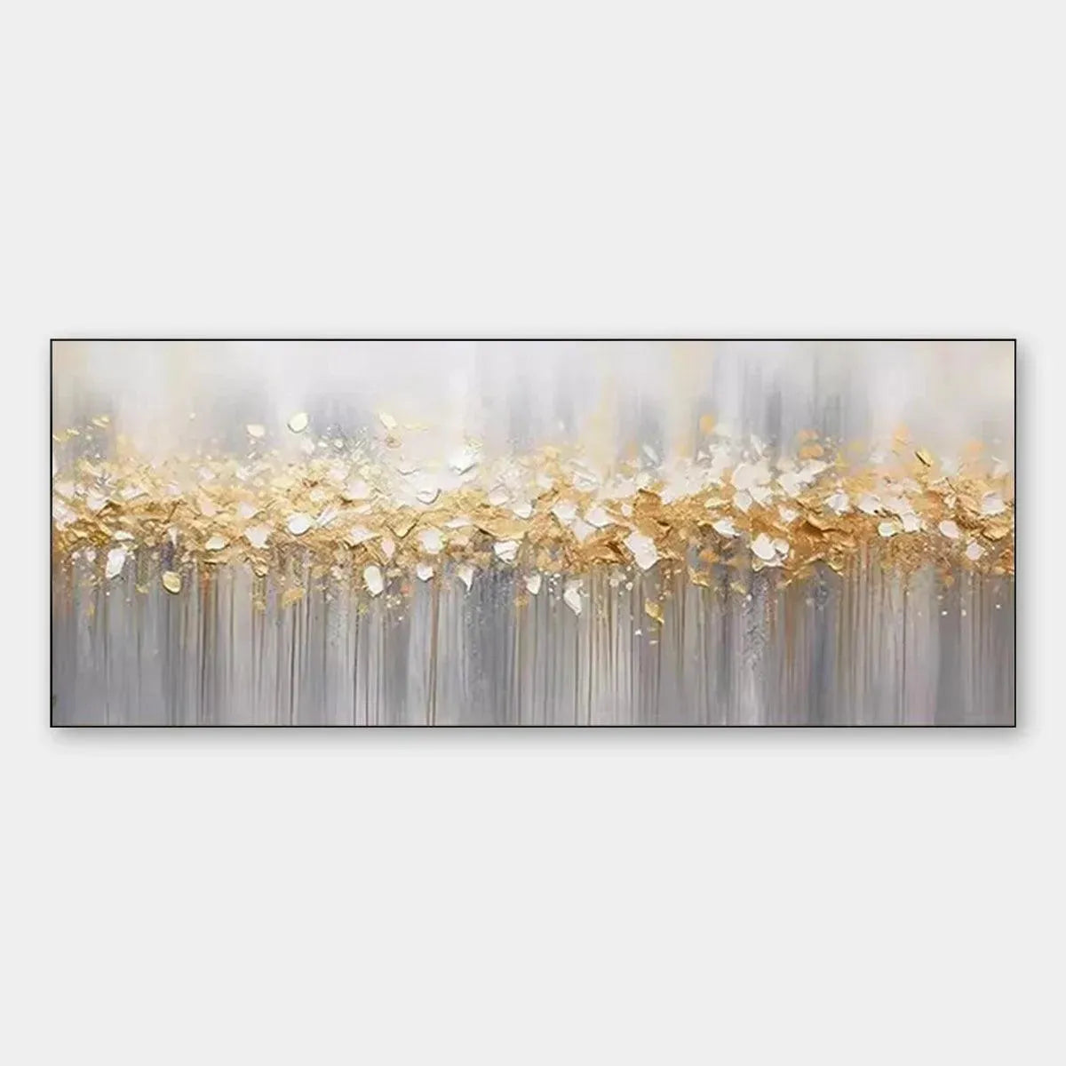 Textured Abstract Painting, Gold and Grey Wall Art, Panoramic Canvas, Modern Decor