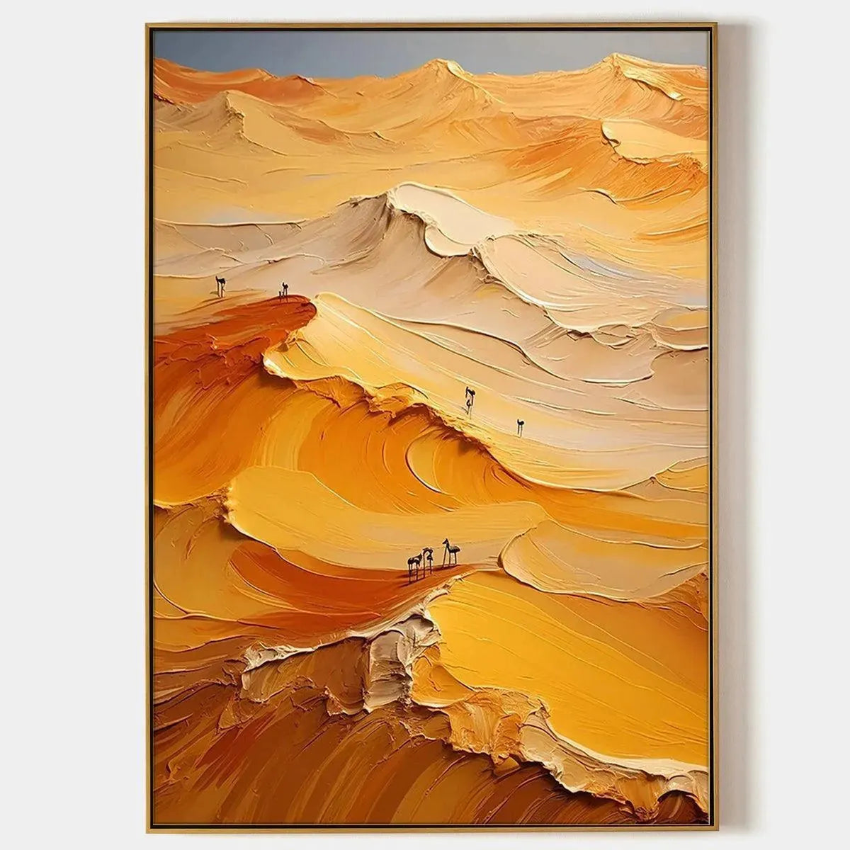 Textured orange desert impasto painting with small figures, "Golden Dunes" by Isabella Rossi.