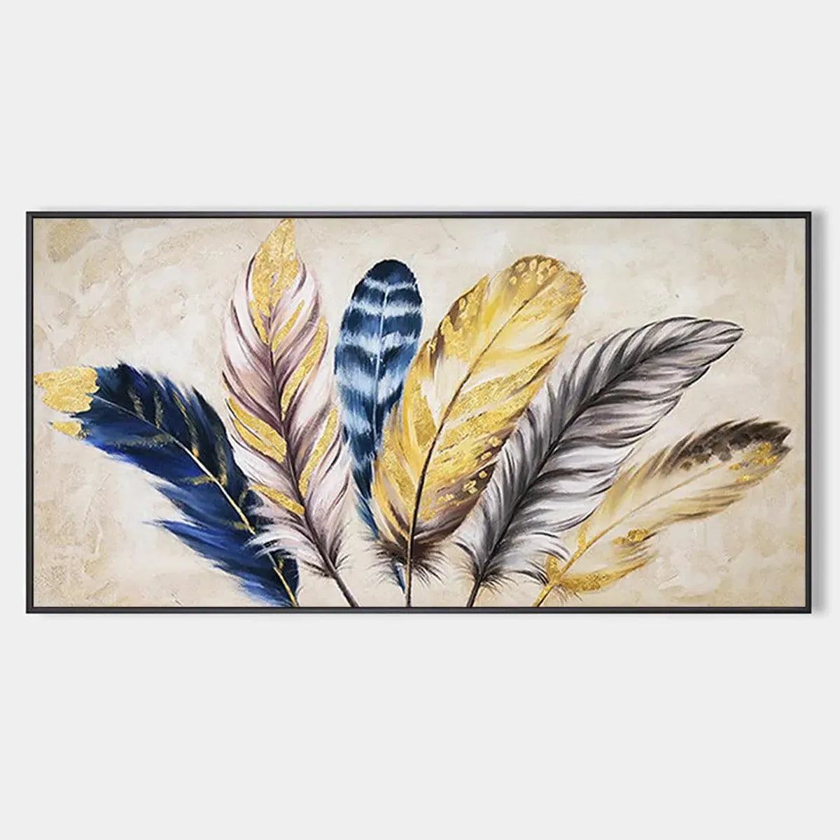 Golden Feathers painting by Elodie Dubois, featuring elegant feather artwork in blue, gold, and grey tones for wall decor.