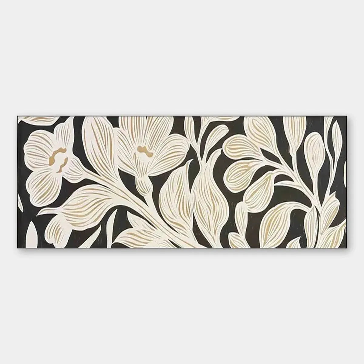 Golden Floral Panoramic wall art showcasing cream flowers and leaves against a black background with gold accents.