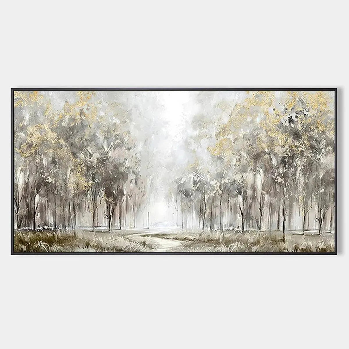 Golden Forest Path painting by Liam O'Connell, panoramic forest landscape with gold and grey tones, framed wall art.