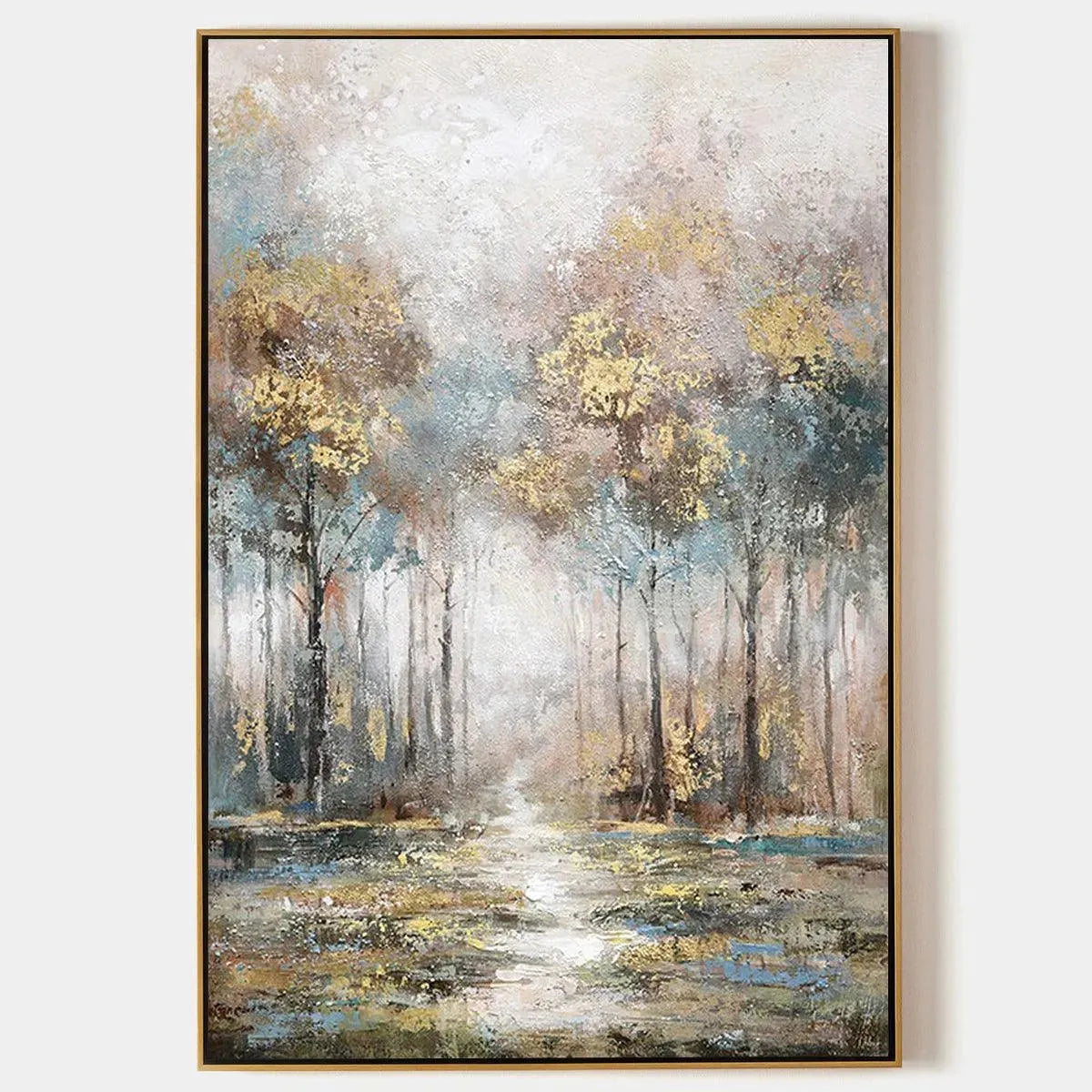 Golden Forest Path art by Liam O'Connell. Textured forest landscape with gold, blue, and grey tones, framed.