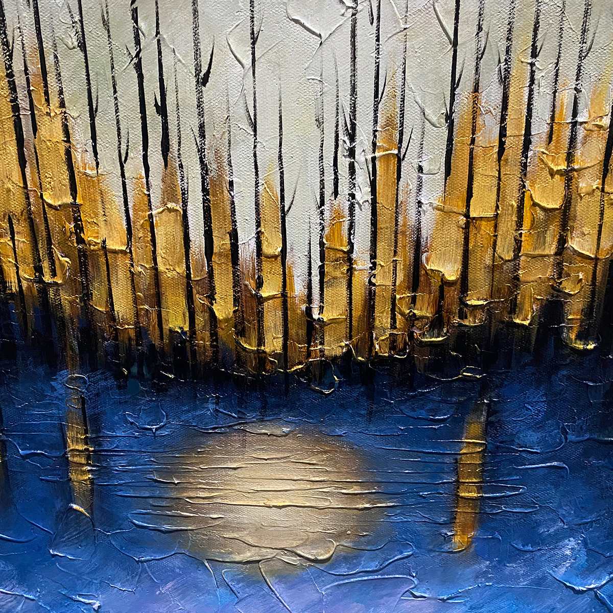 GOLDEN FOREST REFLECTION: Textured Landscape Oil Painting