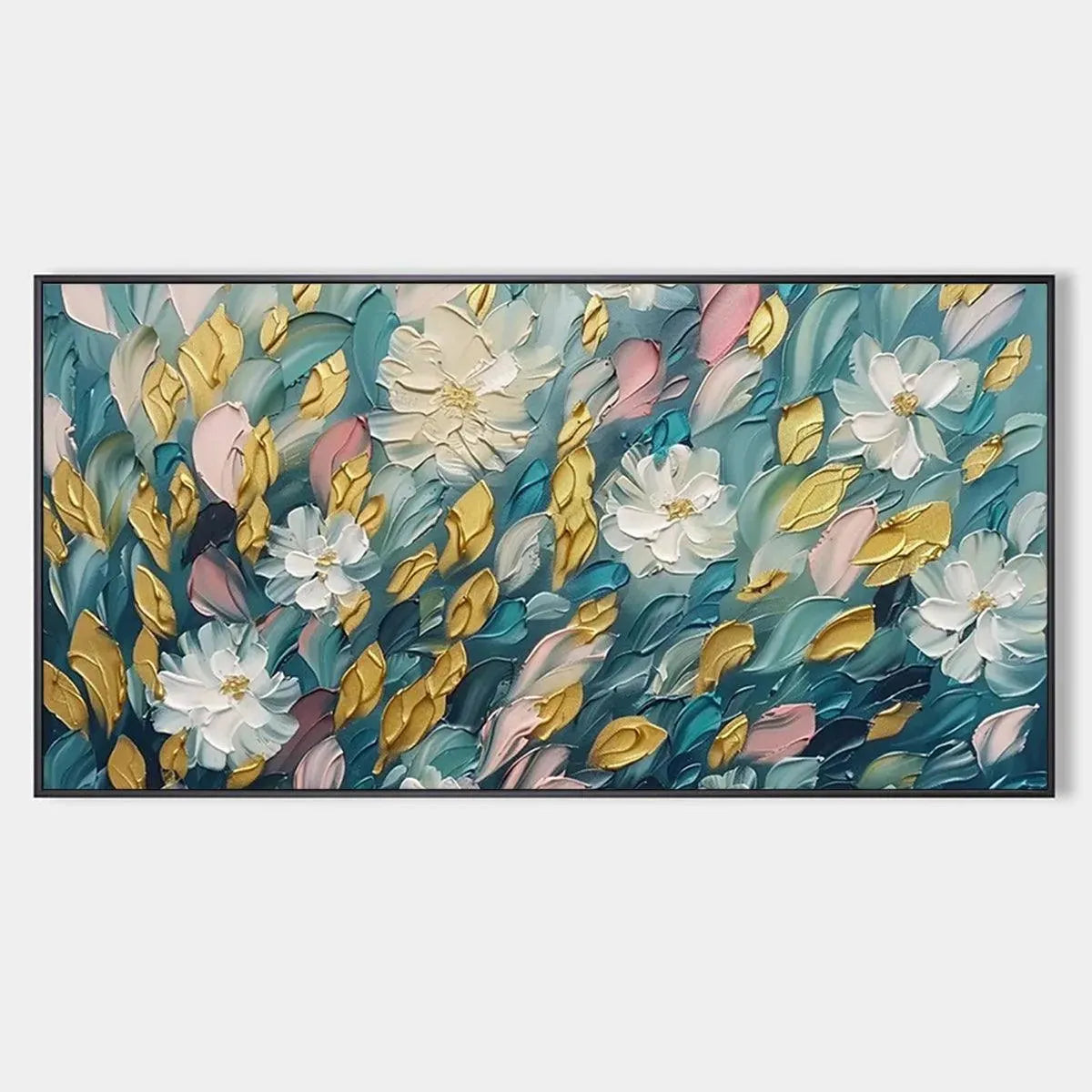 Elodie Dubois' Golden Garden painting: textured white flowers, gold and teal leaves, pink accents, in a black frame.