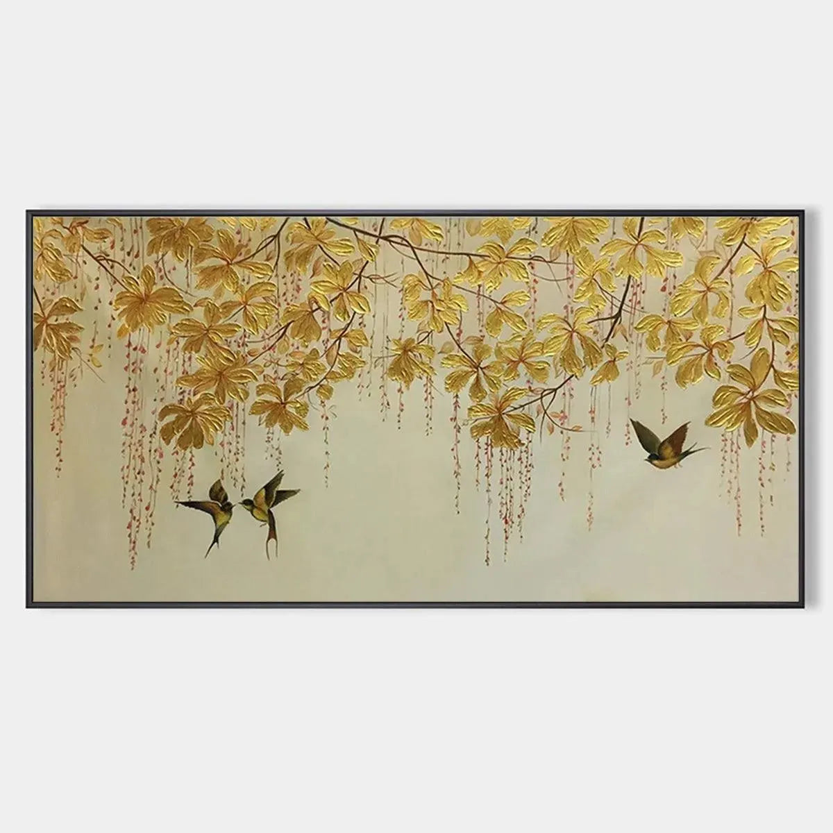 Golden Garden panoramic painting: golden leaves, birds, Asian art by Chen Liu.