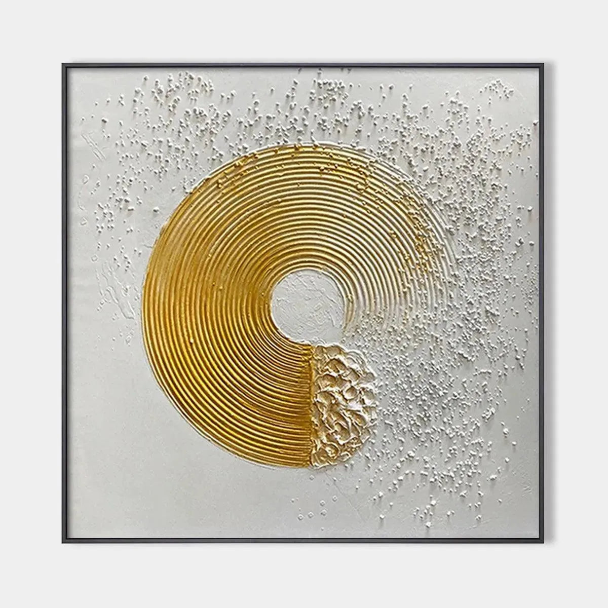 Textured gold and white abstract square canvas with concentric circular design and textured white background.