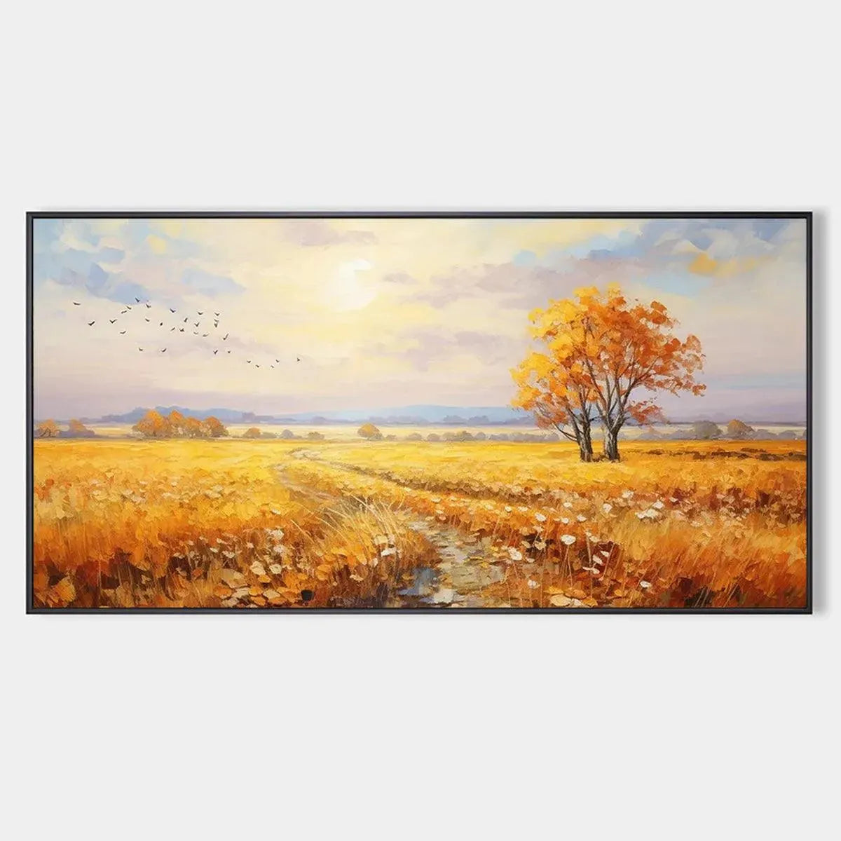 Textured Golden Harvest landscape painting: golden field at sunset, vibrant autumn trees, birds in flight, by Isabella Rossi.