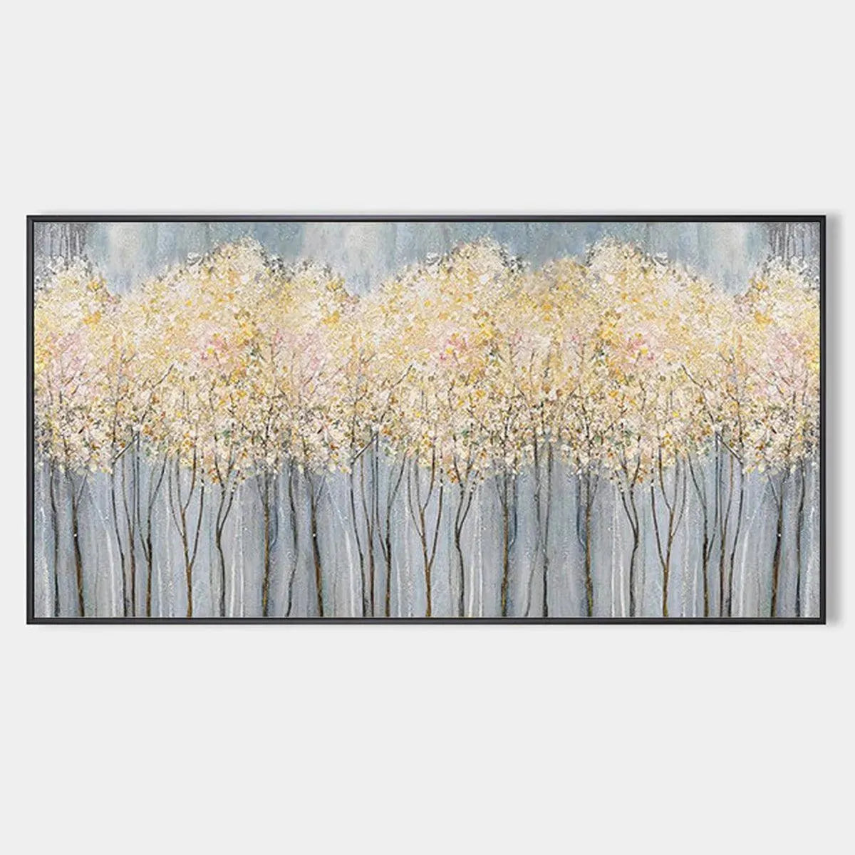 Golden Haze: Panoramic Landscape Painting | Textured Trees | Gold