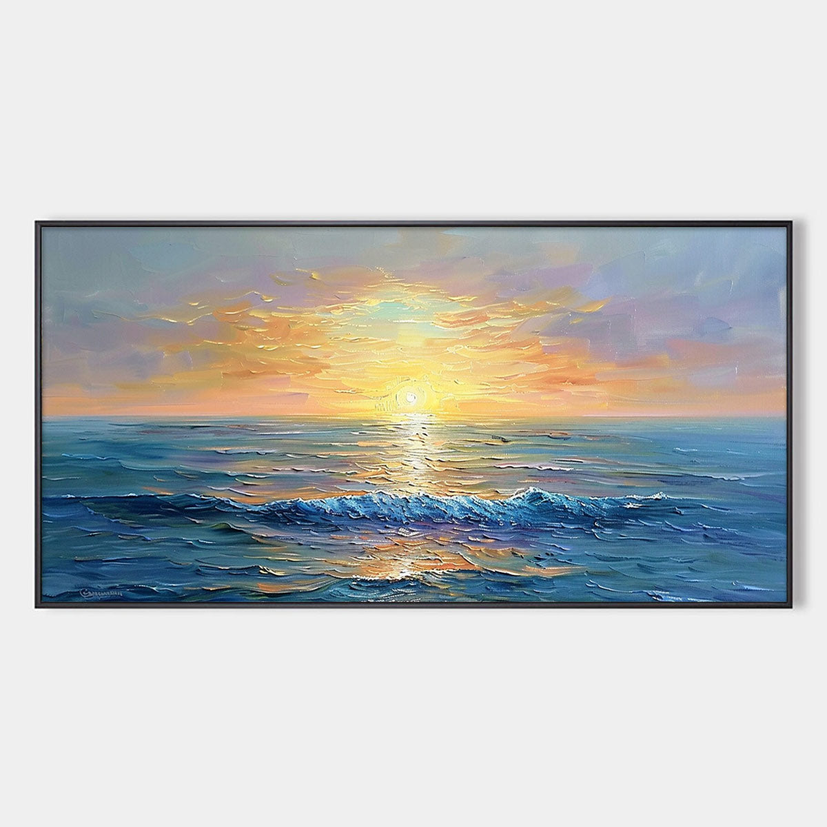 Golden Horizon: Original Panoramic Coastal Sunset Oil Painting - Ocean Seascape Wall Art
